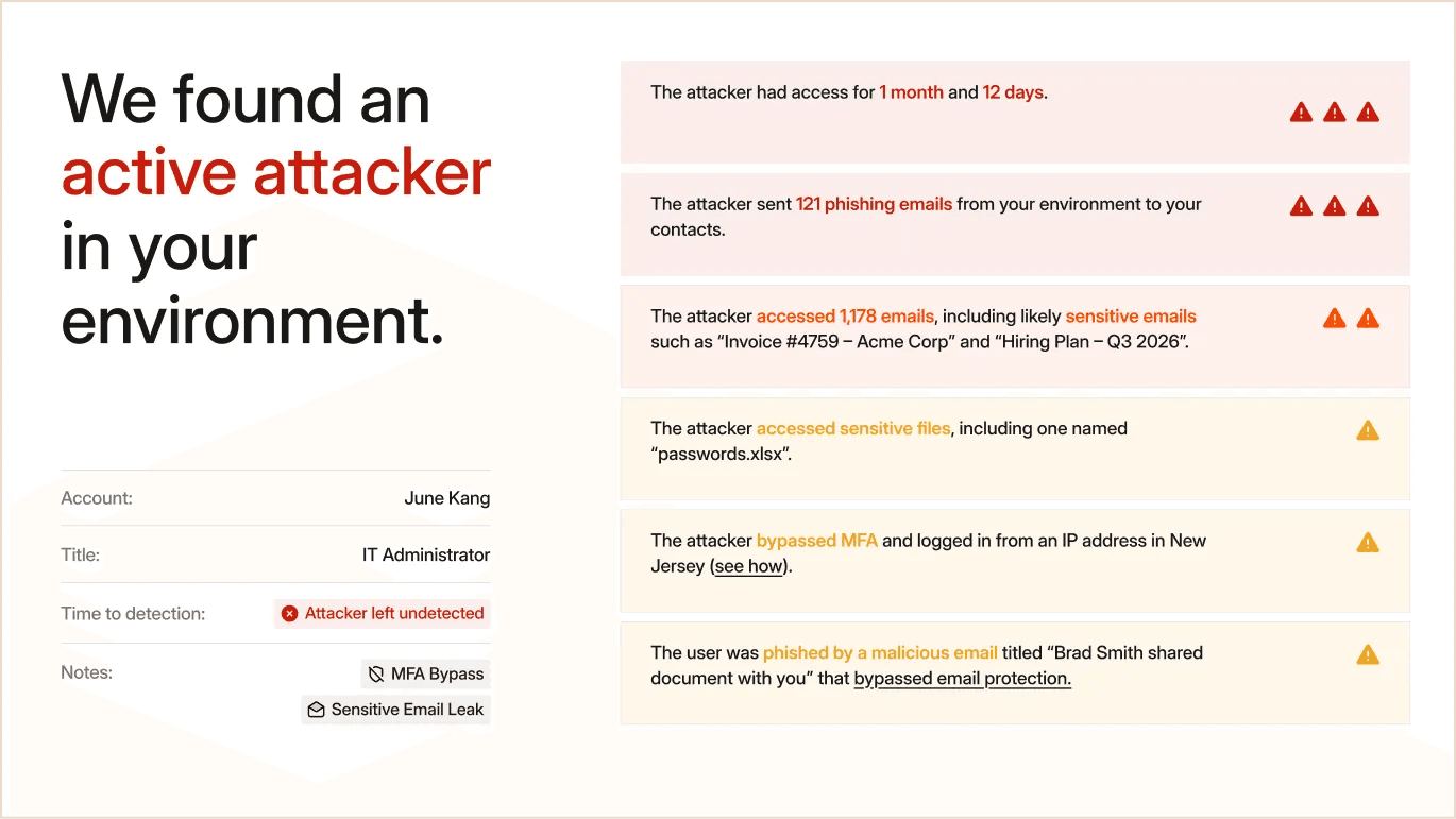 Petra Scan dashboard mockup surfacing past and present attacks across analyzed accounts